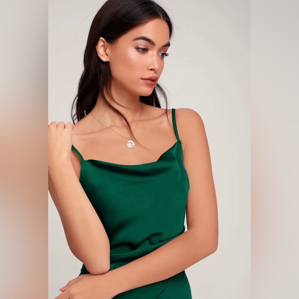 Lulus Hollywood Woman Forest Green Satin Midi Dress